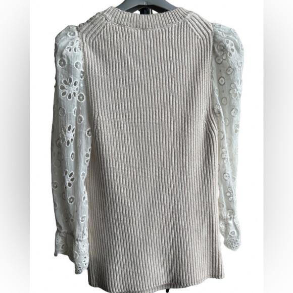 Rebecca Taylor Cream Ribbed Cotton & Silk W/Eyelet Puff Sleeve Sweater - Picture 7 of 10